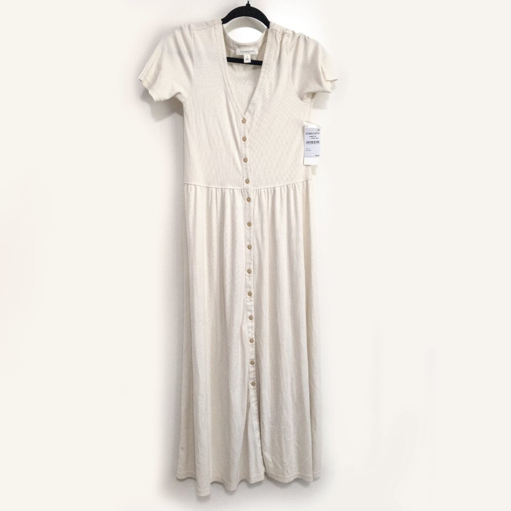 TREASURE & BOND Button Front Rib Dress In Ivory Dove Womens Sz. Small V-Neck NWT